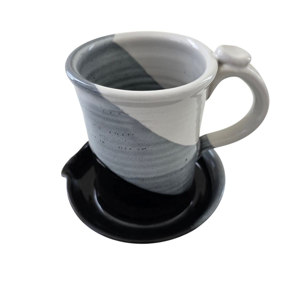 Signed Studio Pottery Bacon Cooker Mug Gray Black Handmade Microwave Drip Cup